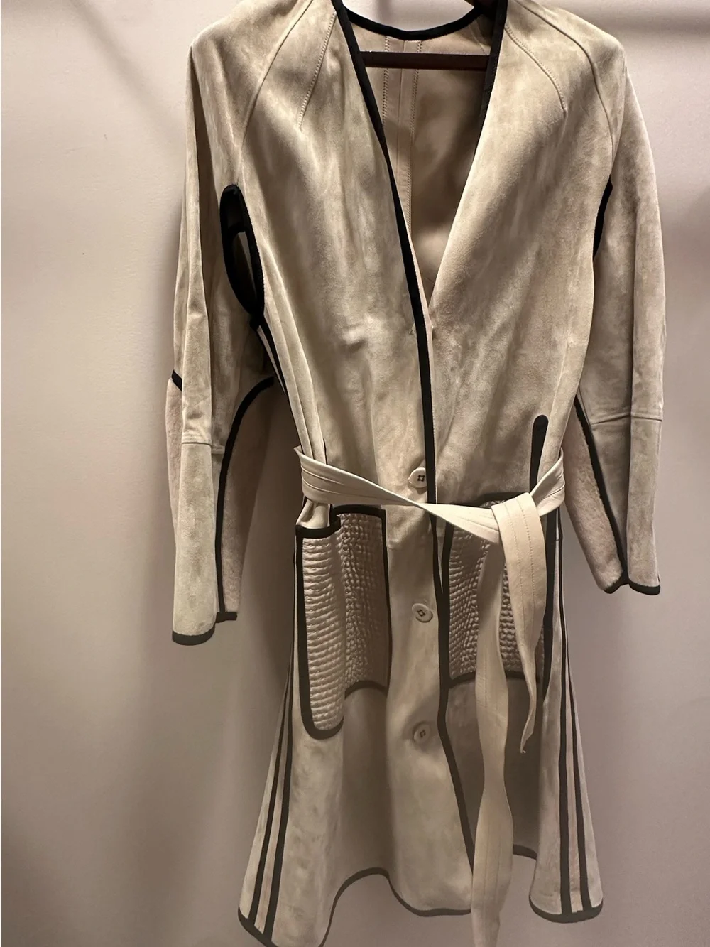 Bottega Veneta Cream Suede Trench Coat with Dark Trim